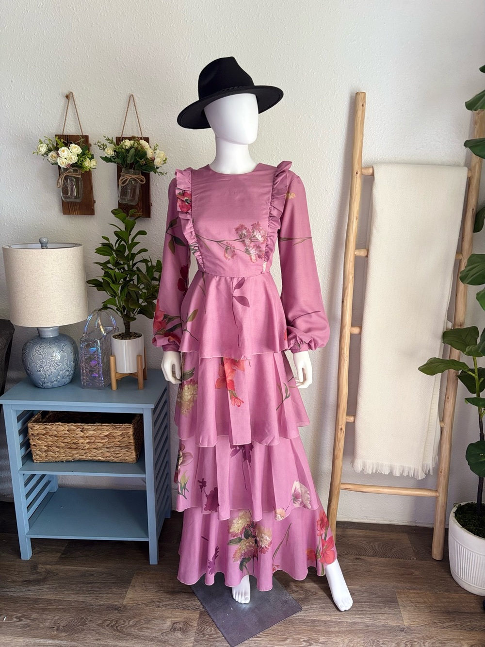 Tiered Ruffle Long Sleeve Floral Maxi Dress - Pink